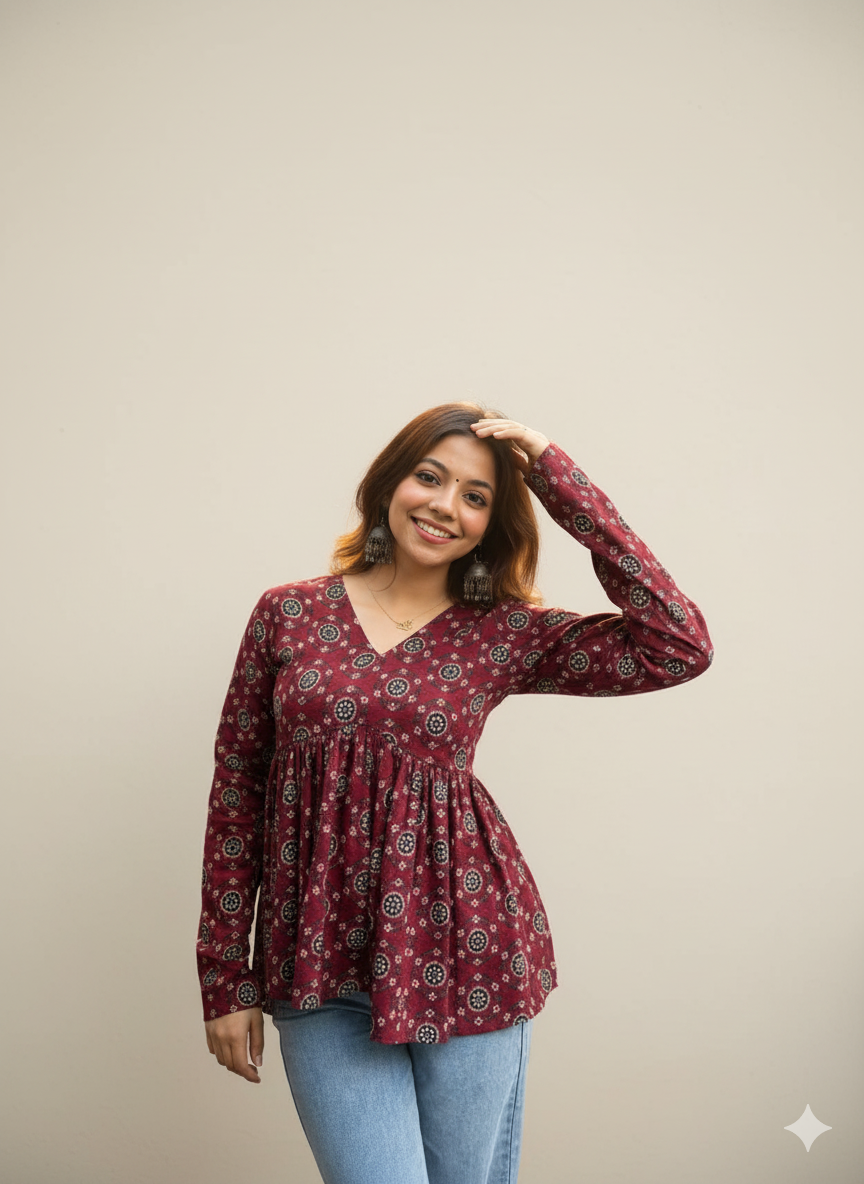 Cotton Printed Peplum Tunic | V-Neck