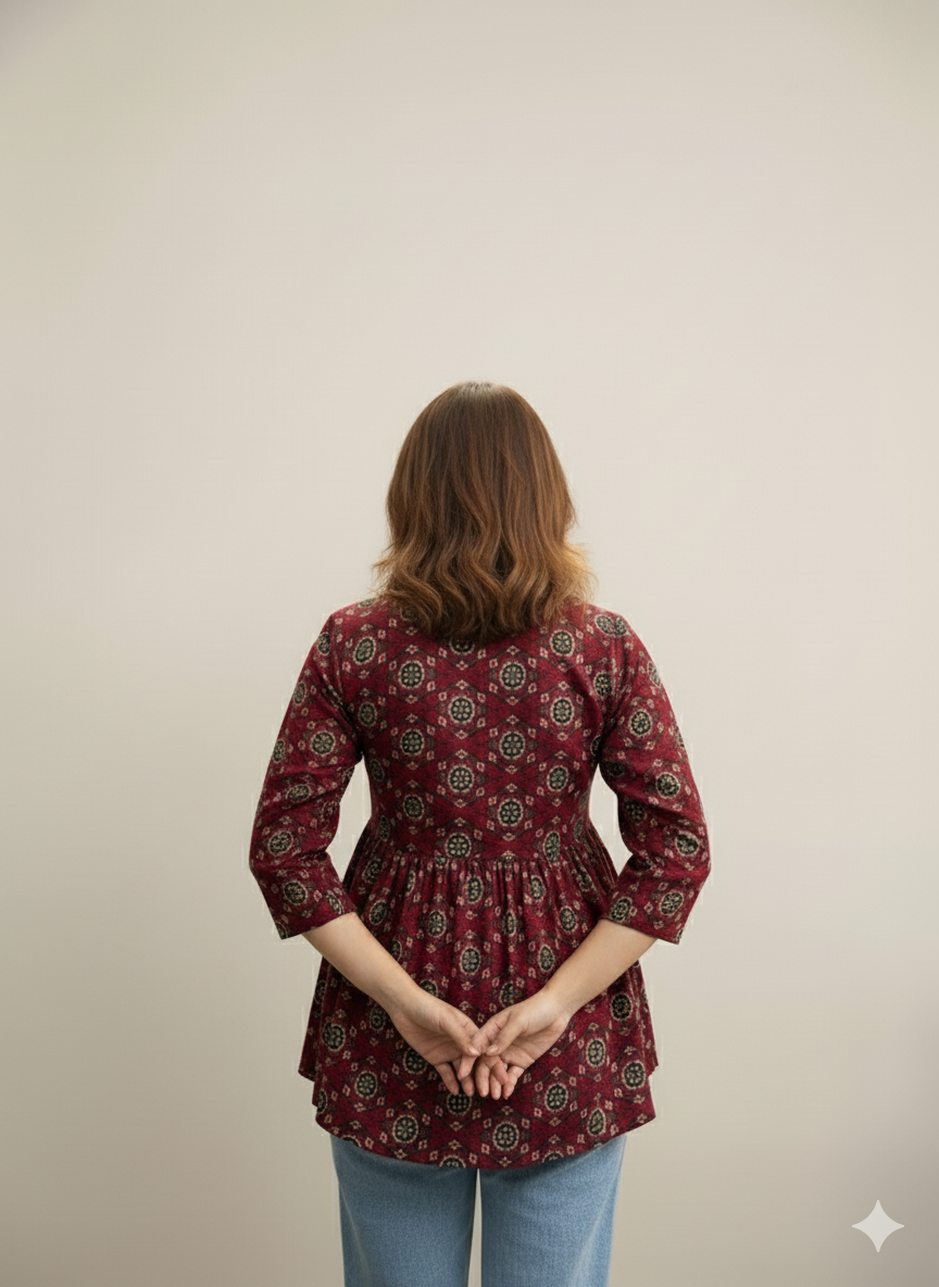 Cotton Printed Peplum Tunic | V-Neck