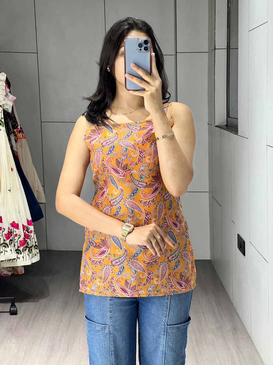 Sleeveless Paisley Printed Cotton Top – Mustard Orange