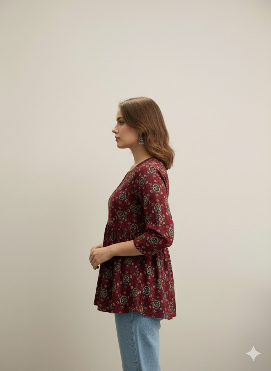 Cotton Printed Peplum Tunic | V-Neck