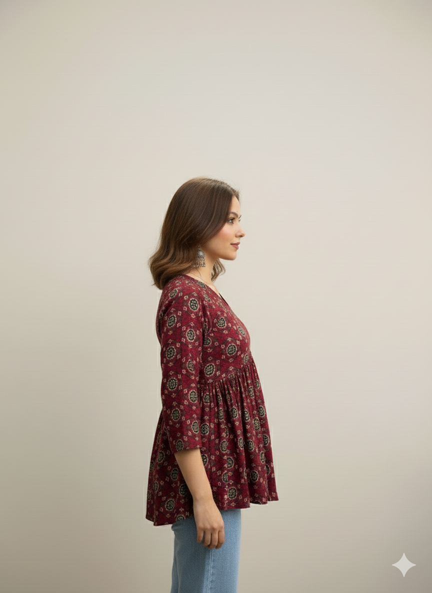 Cotton Printed Peplum Tunic | V-Neck