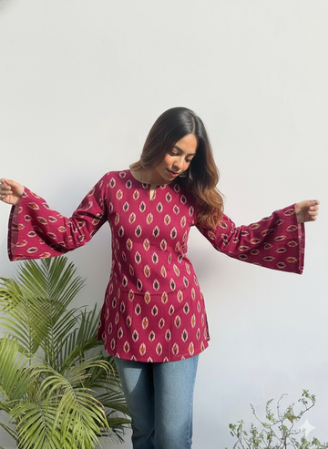 Wine Ikat Tunic with Bell Sleeves & V-Notch Neck (Hip Length, Side Slits)