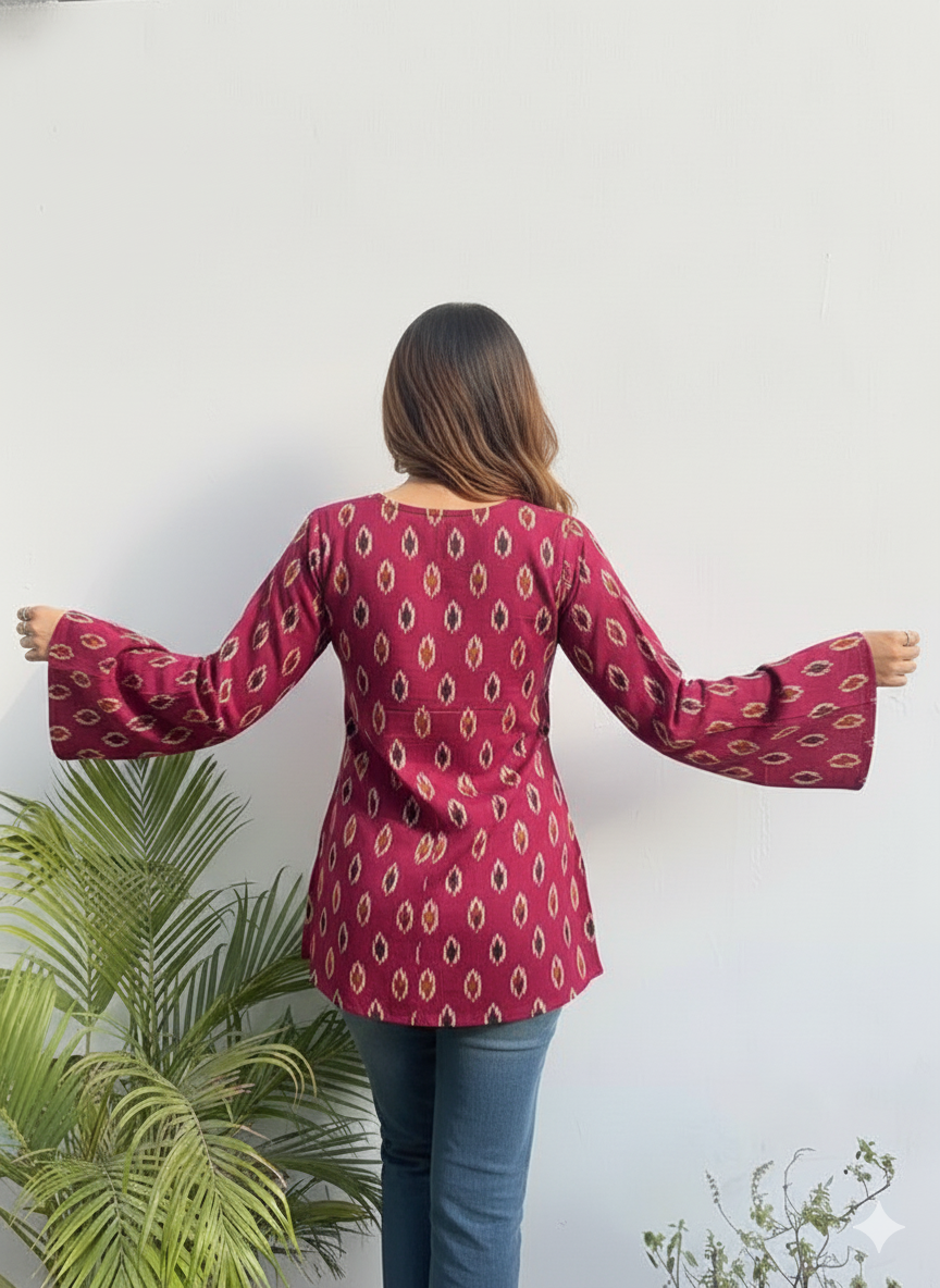 Wine Ikat Tunic with Bell Sleeves & V-Notch Neck (Hip Length, Side Slits)