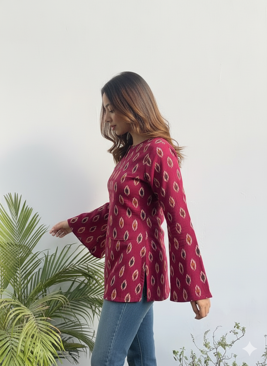 Wine Ikat Tunic with Bell Sleeves & V-Notch Neck (Hip Length, Side Slits)