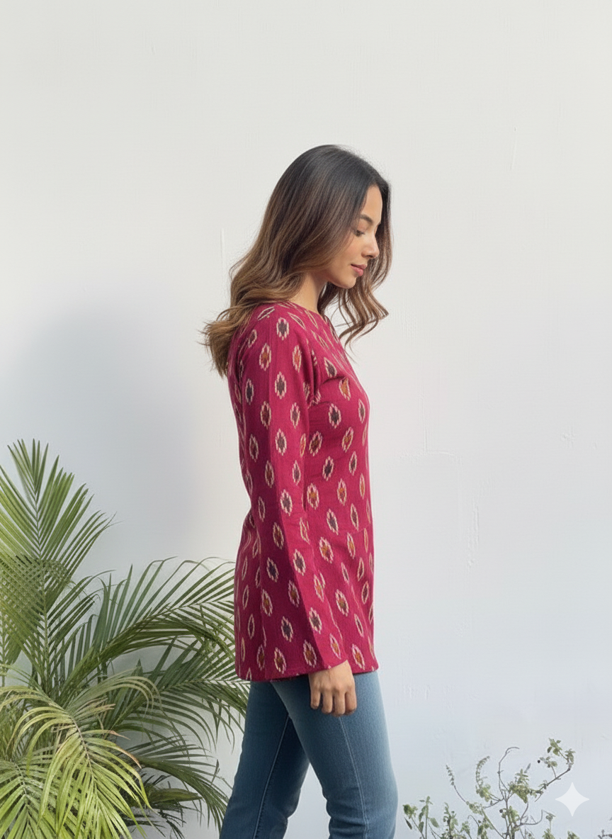 Wine Ikat Tunic with Bell Sleeves & V-Notch Neck (Hip Length, Side Slits)