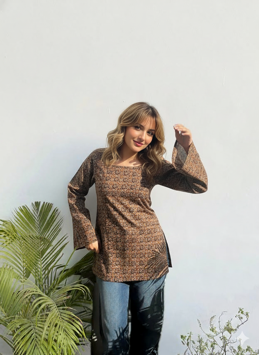 Coffee Brown Cotton Tunic with Bell Sleeves & Square Neck (Hip Length, Side Slits)