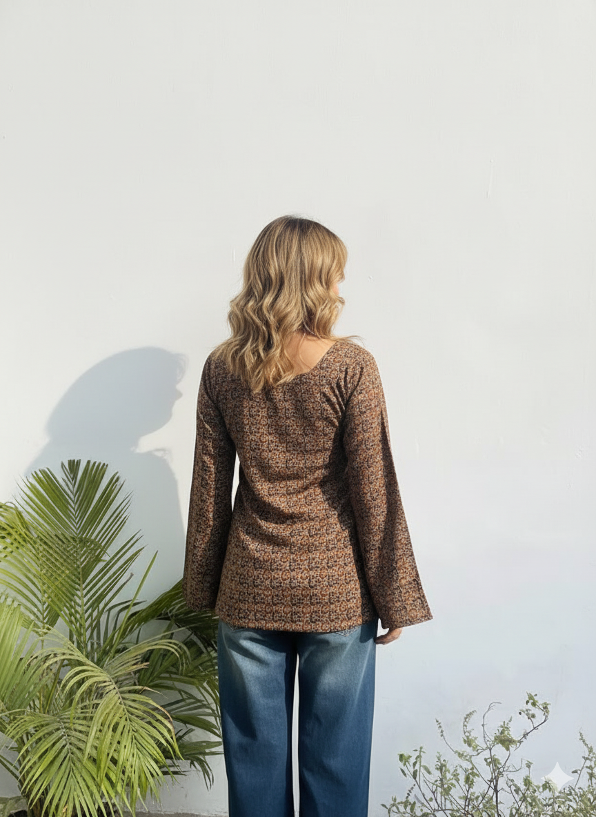 Coffee Brown Cotton Tunic with Bell Sleeves & Square Neck (Hip Length, Side Slits)