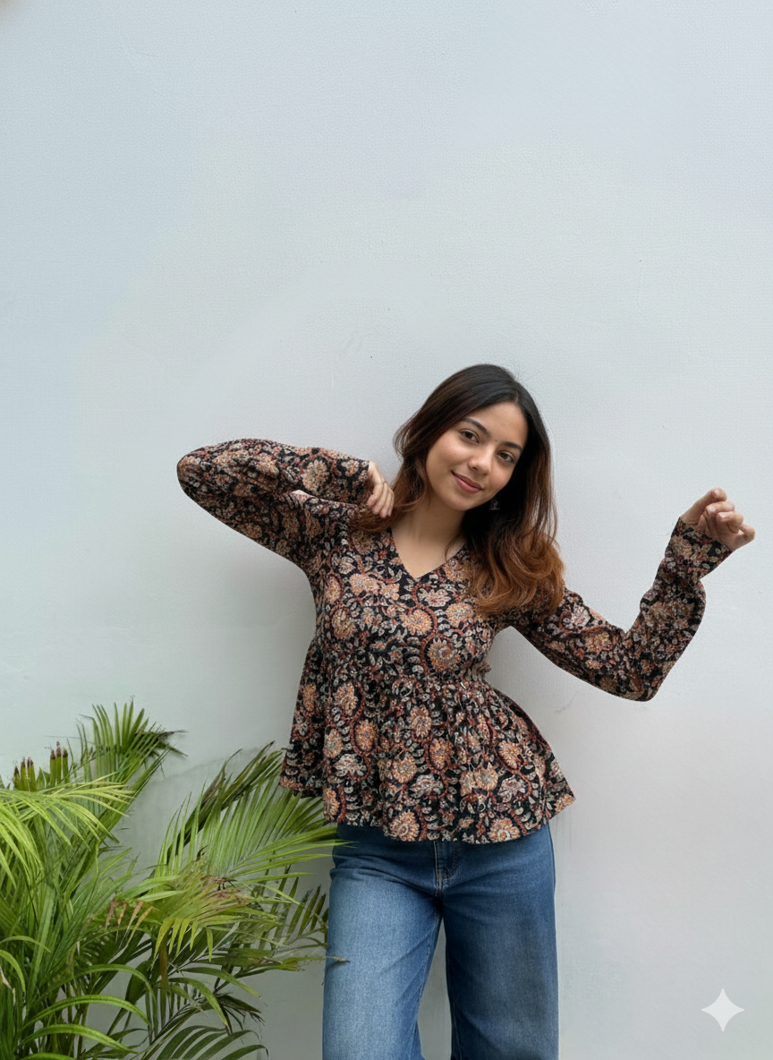 Black Floral Cotton Peplum Tunic (V-Neck, Long Sleeves, Hip Length)