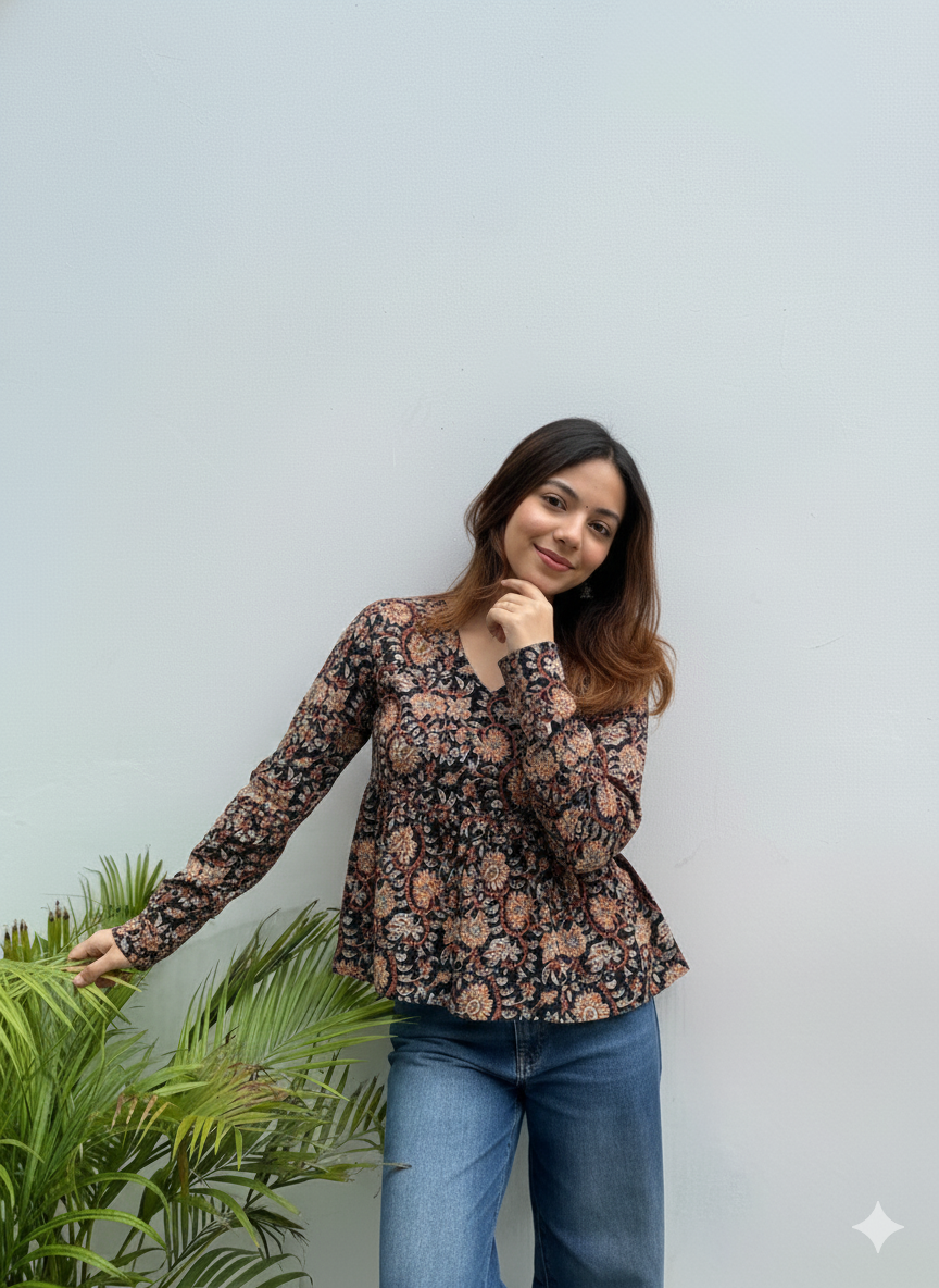 Black Floral Cotton Peplum Tunic (V-Neck, Long Sleeves, Hip Length)