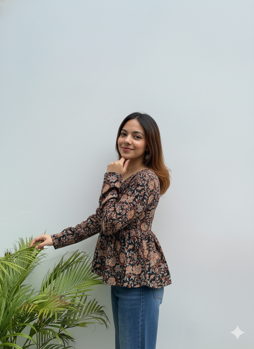 Black Floral Cotton Peplum Tunic (V-Neck, Long Sleeves, Hip Length)