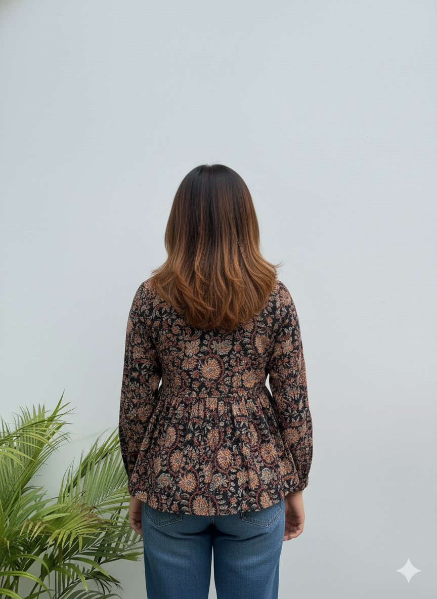 Black Floral Cotton Peplum Tunic (V-Neck, Long Sleeves, Hip Length)