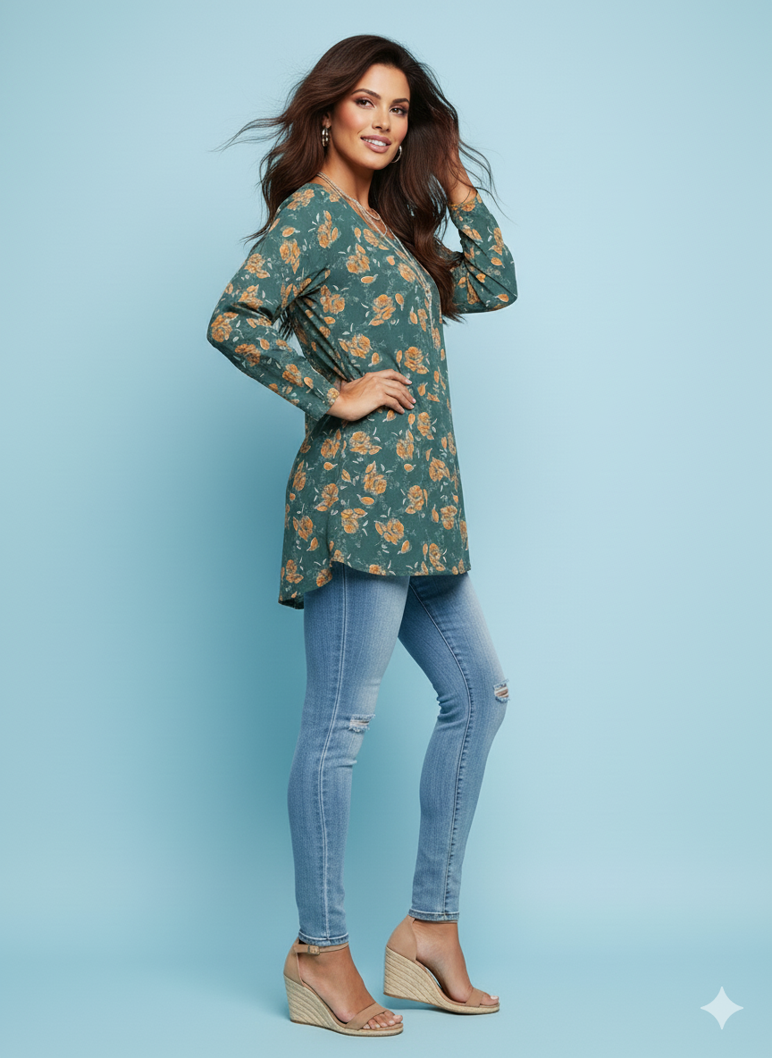 Women’s Green Cambric Soft Cotton Floral A-Line Tunic
