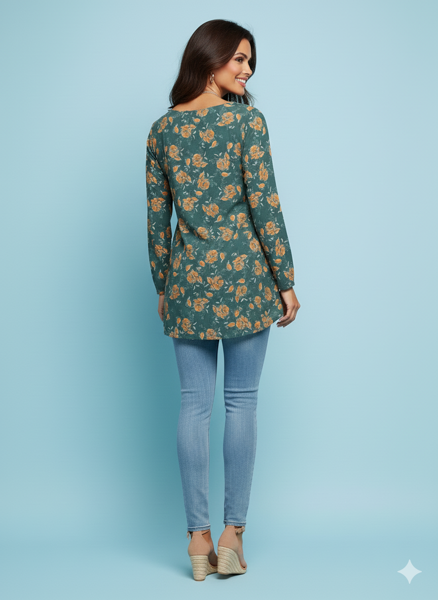 Women’s Green Cambric Soft Cotton Floral A-Line Tunic