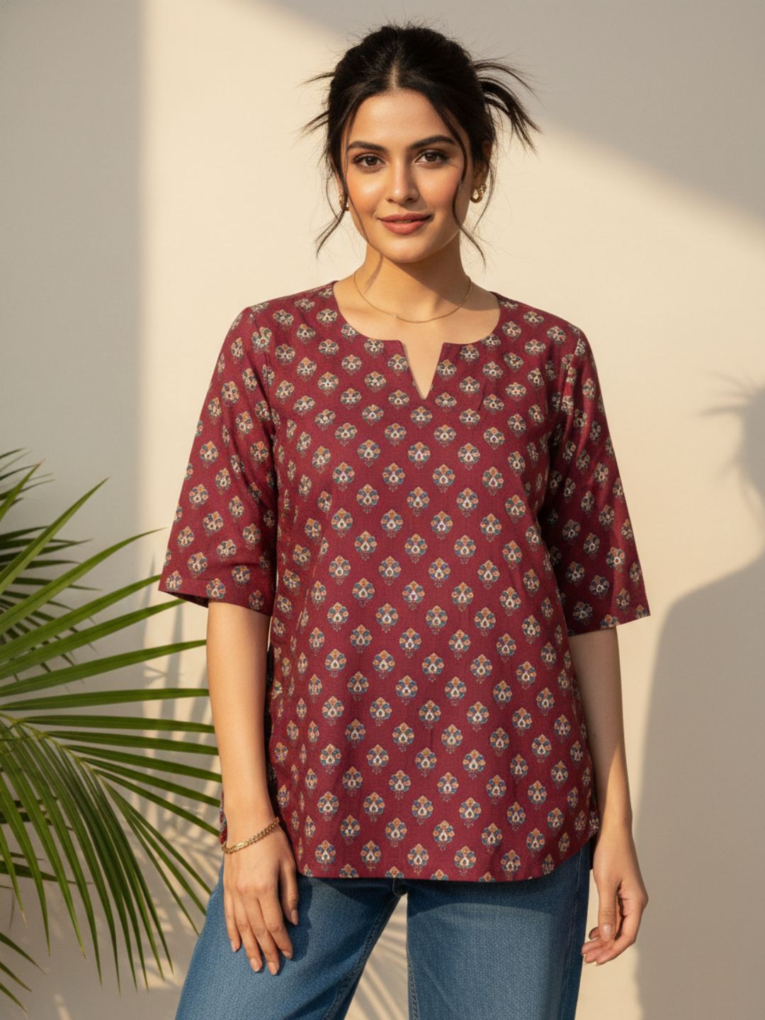 Deep Maroon Ethnic Motif Cambric Cotton Kurtis