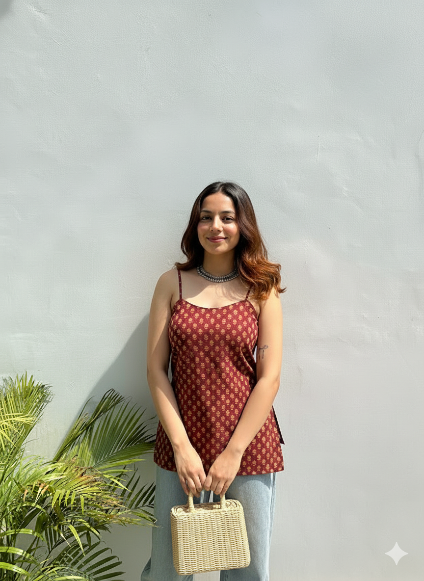 Printed Cotton Sleeveless Tunic Top with Side Slits