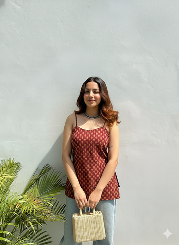 Printed Cotton Sleeveless Tunic Top with Side Slits