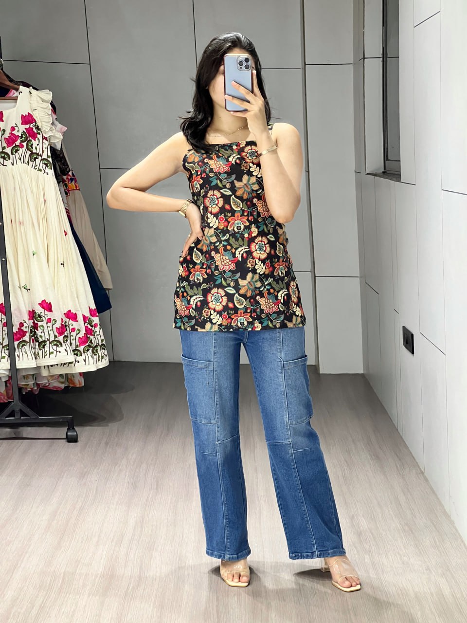 Black Floral Rayon Camisole Top | Sleeveless, Hip Length, Everyday Casual