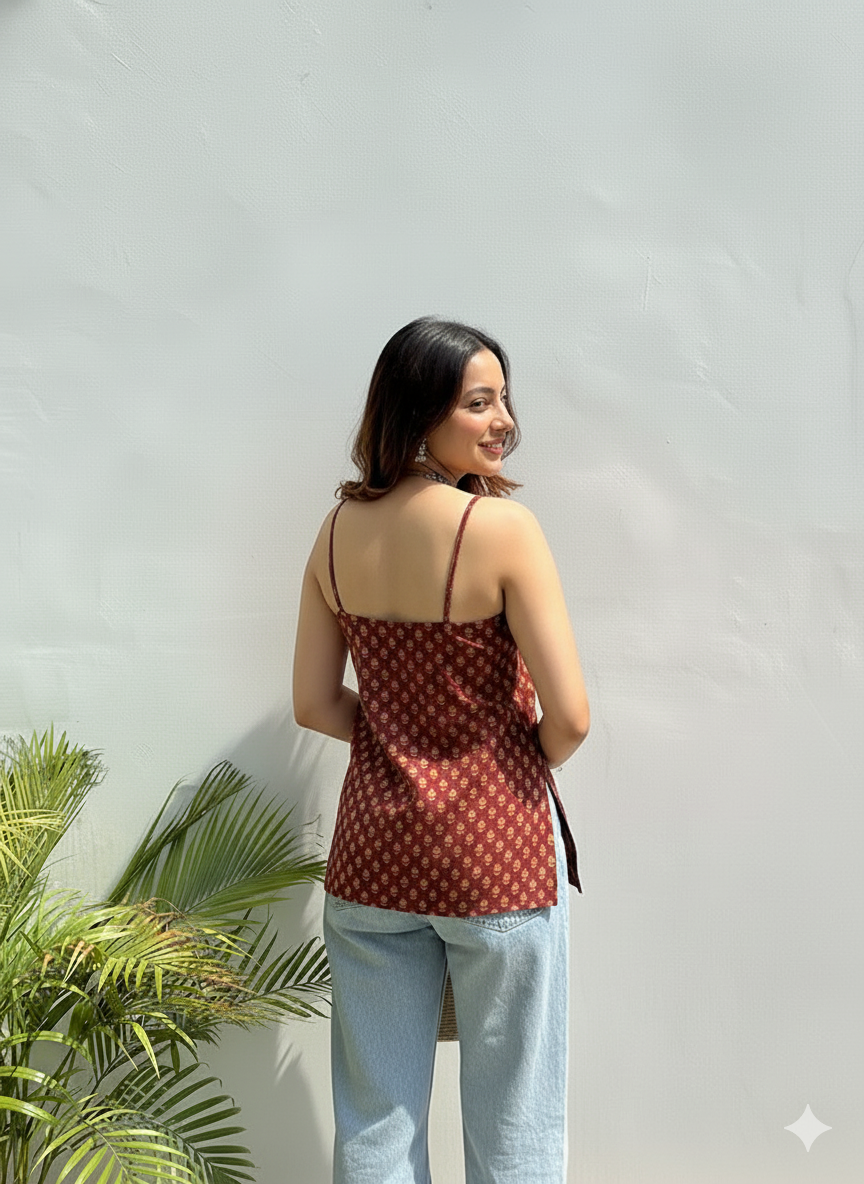 Printed Cotton Sleeveless Tunic Top with Side Slits