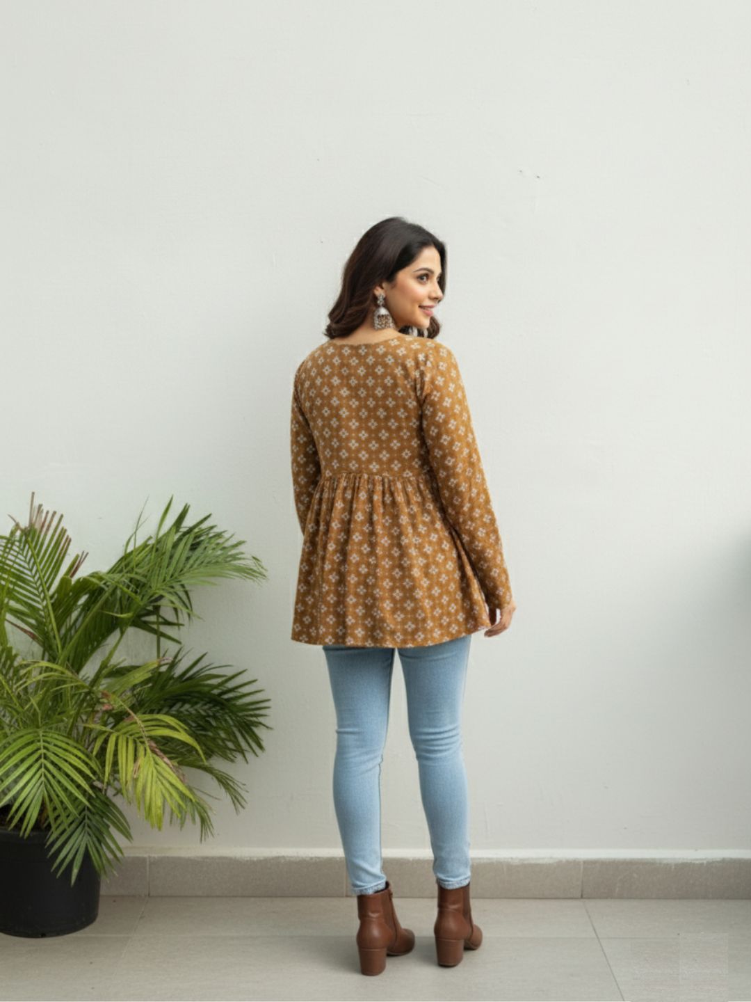 Cambric Soft Cotton Printed Peplum Tunic | Round Neck, sleeve, Hip Length