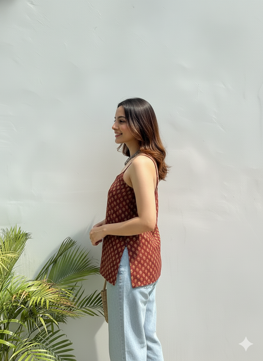 Printed Cotton Sleeveless Tunic Top with Side Slits