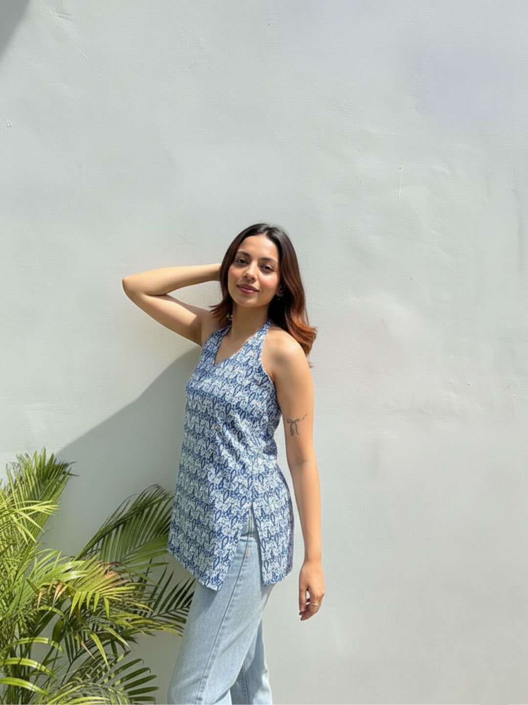 Indigo Printed Halter Neck Sleeveless Tunic Top