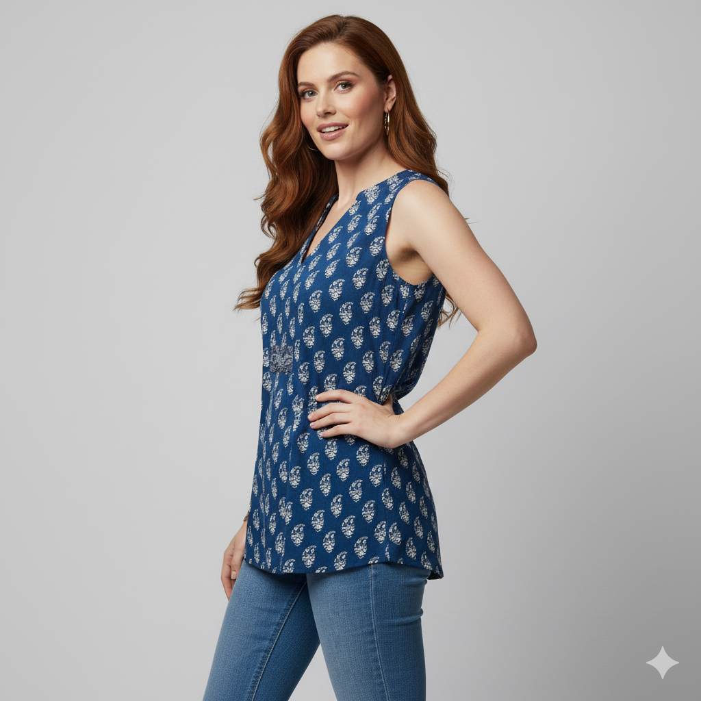 Sleeveless Tunic for Women – Indigo Blue, V-Neck | Everyday & Office Wear