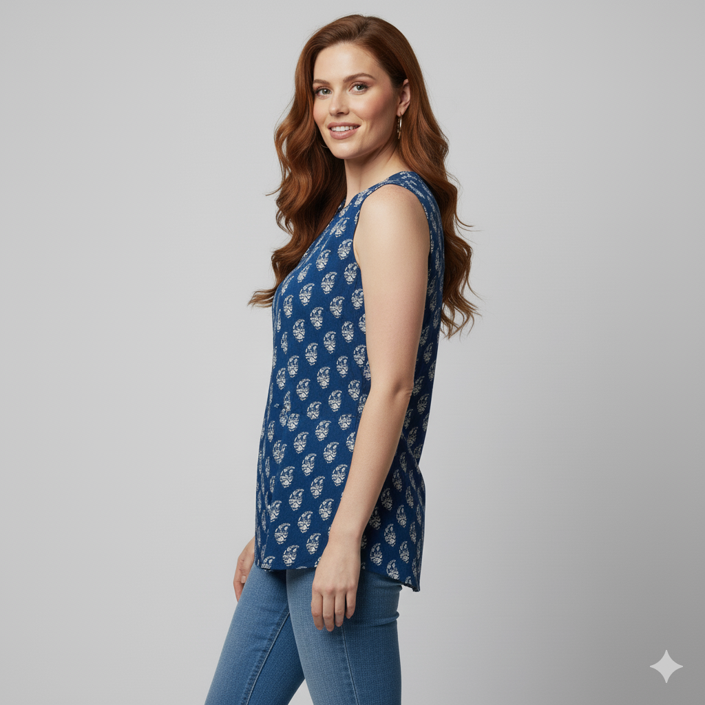 Sleeveless Tunic for Women – Indigo Blue, V-Neck | Everyday & Office Wear
