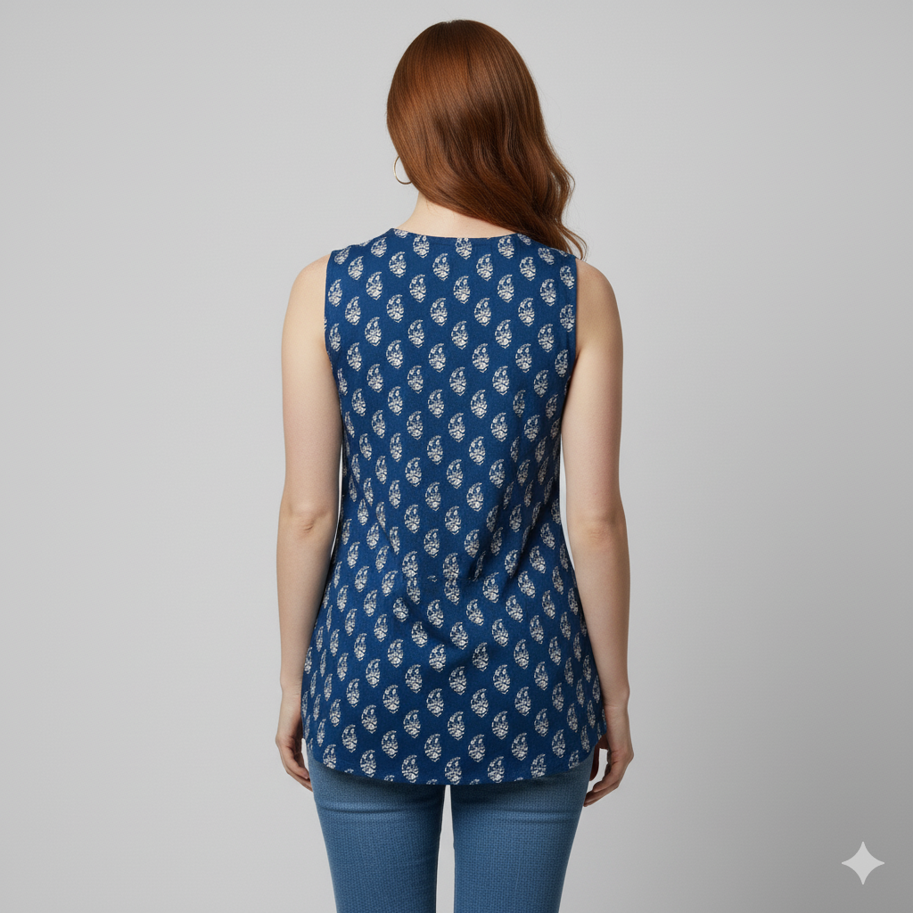 Sleeveless Tunic for Women – Indigo Blue, V-Neck | Everyday & Office Wear