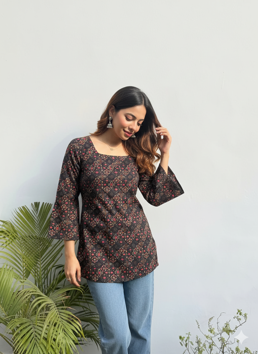 Black & Rust Floral Tunic – Square Neck, 3/4 sleeve