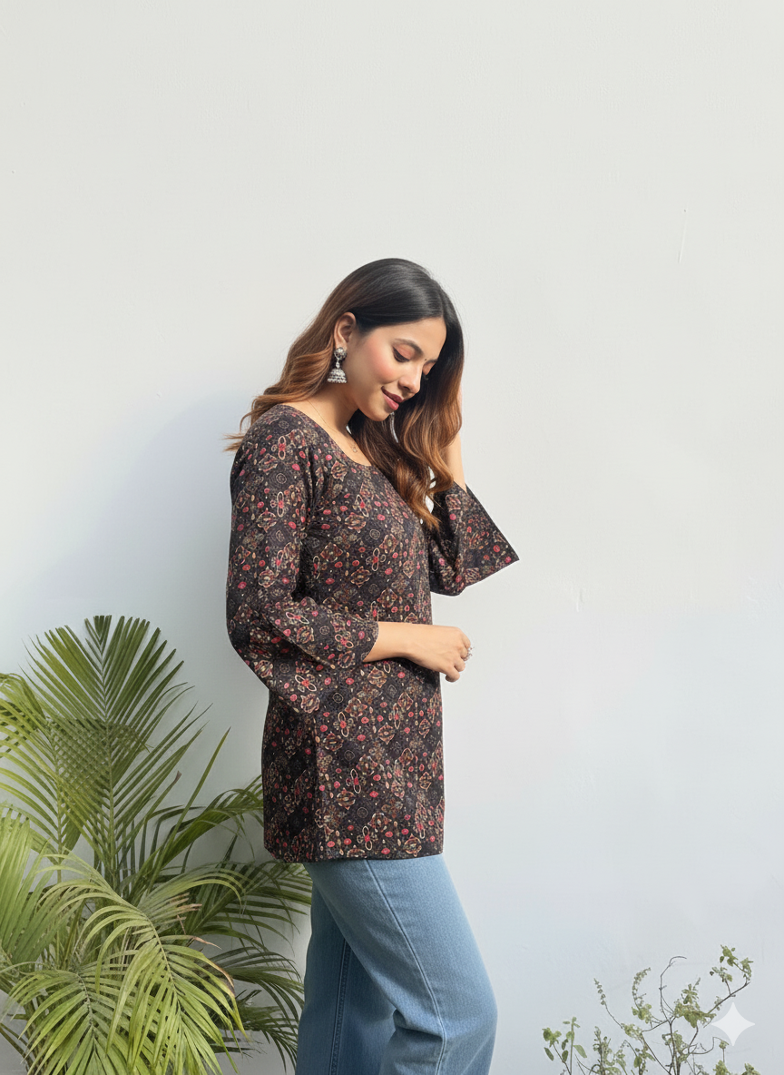 Black & Rust Floral Tunic – Square Neck, 3/4 sleeve