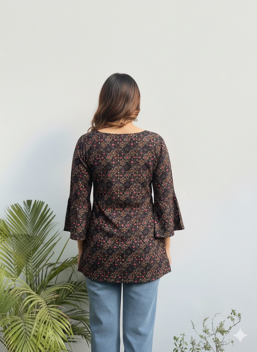 Black & Rust Floral Tunic – Square Neck, 3/4 sleeve