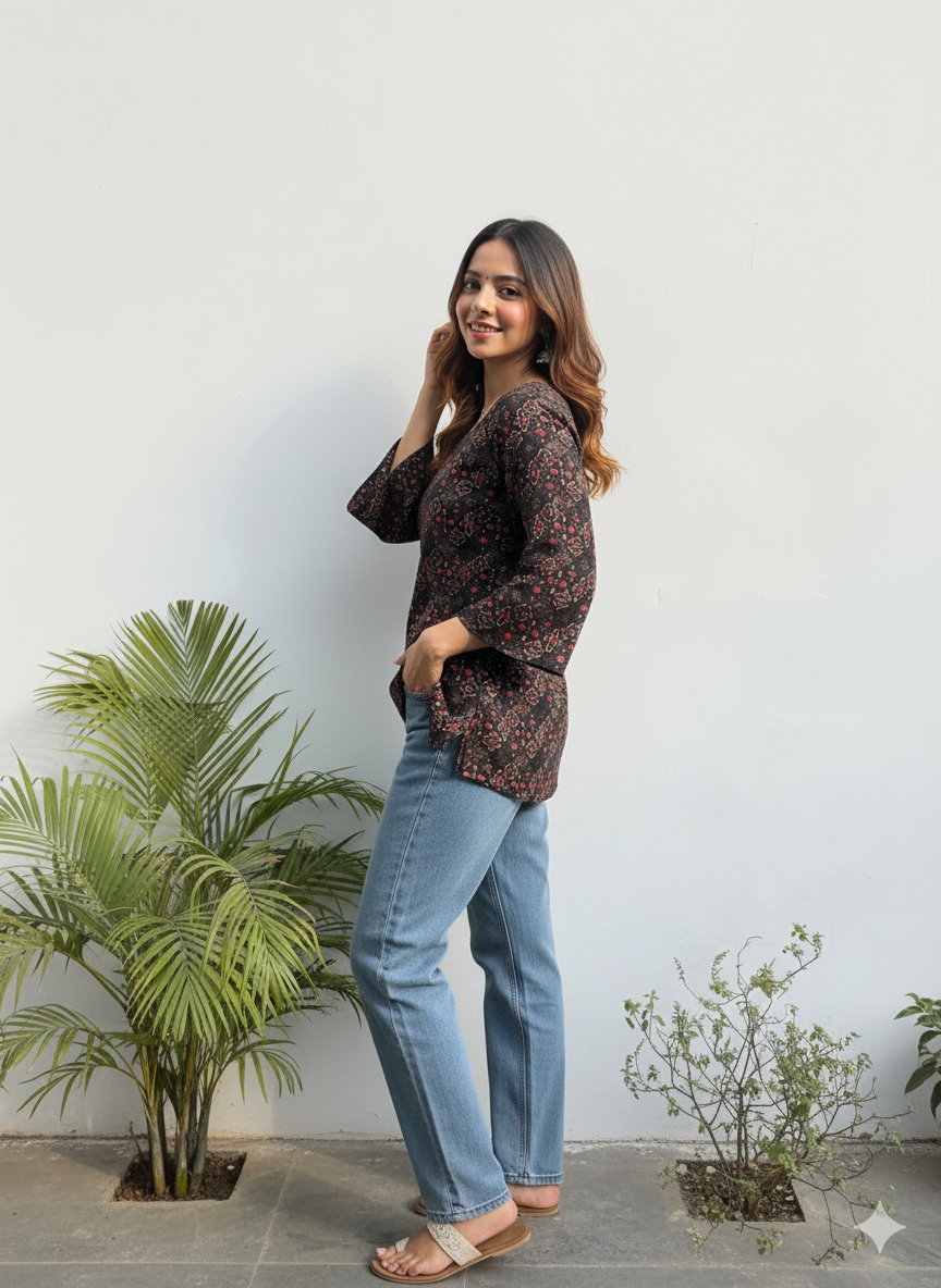Black & Rust Floral Tunic – Square Neck, 3/4 sleeve