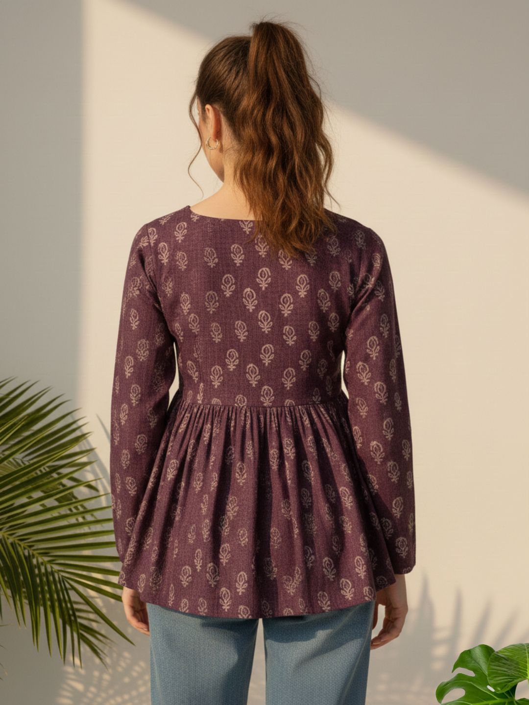 Navy Floral Peplum Tunic (Round Neck, 3/4 sleeve)