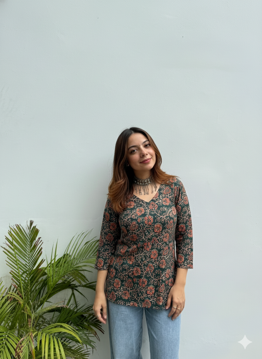 Floral Tunic – Forest Green | V-Neck