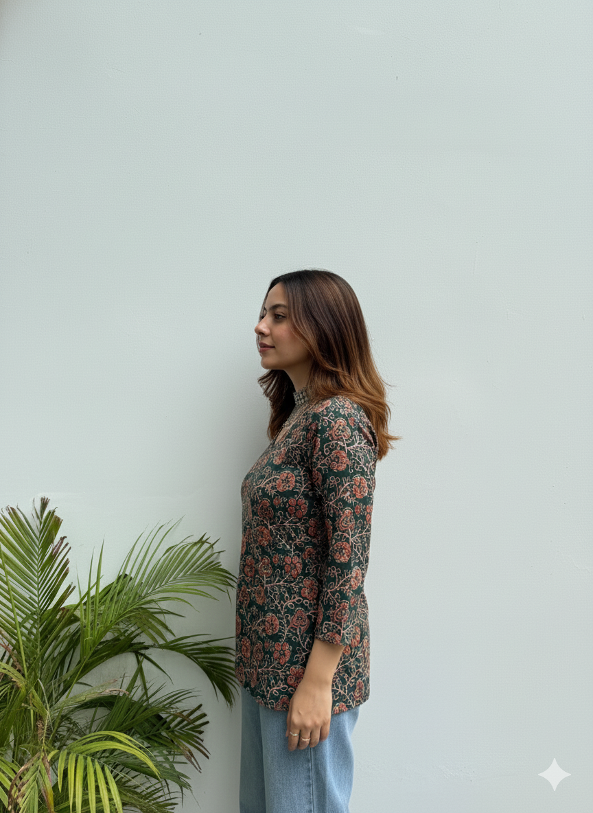 Floral Tunic – Forest Green | V-Neck