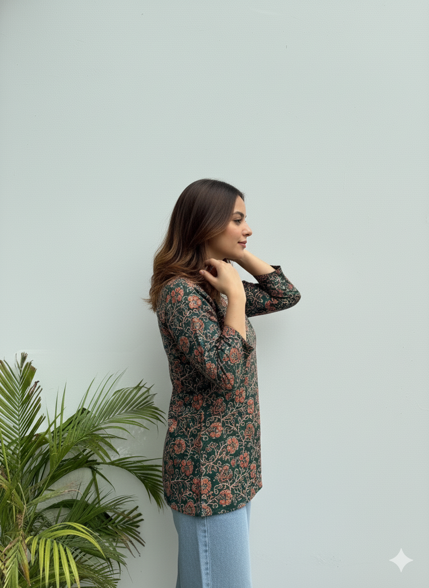 Floral Tunic – Forest Green | V-Neck