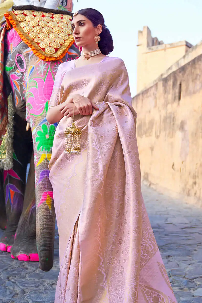 Woman in a pink saree standing next to a decorated elephant with a traditional building in the background.