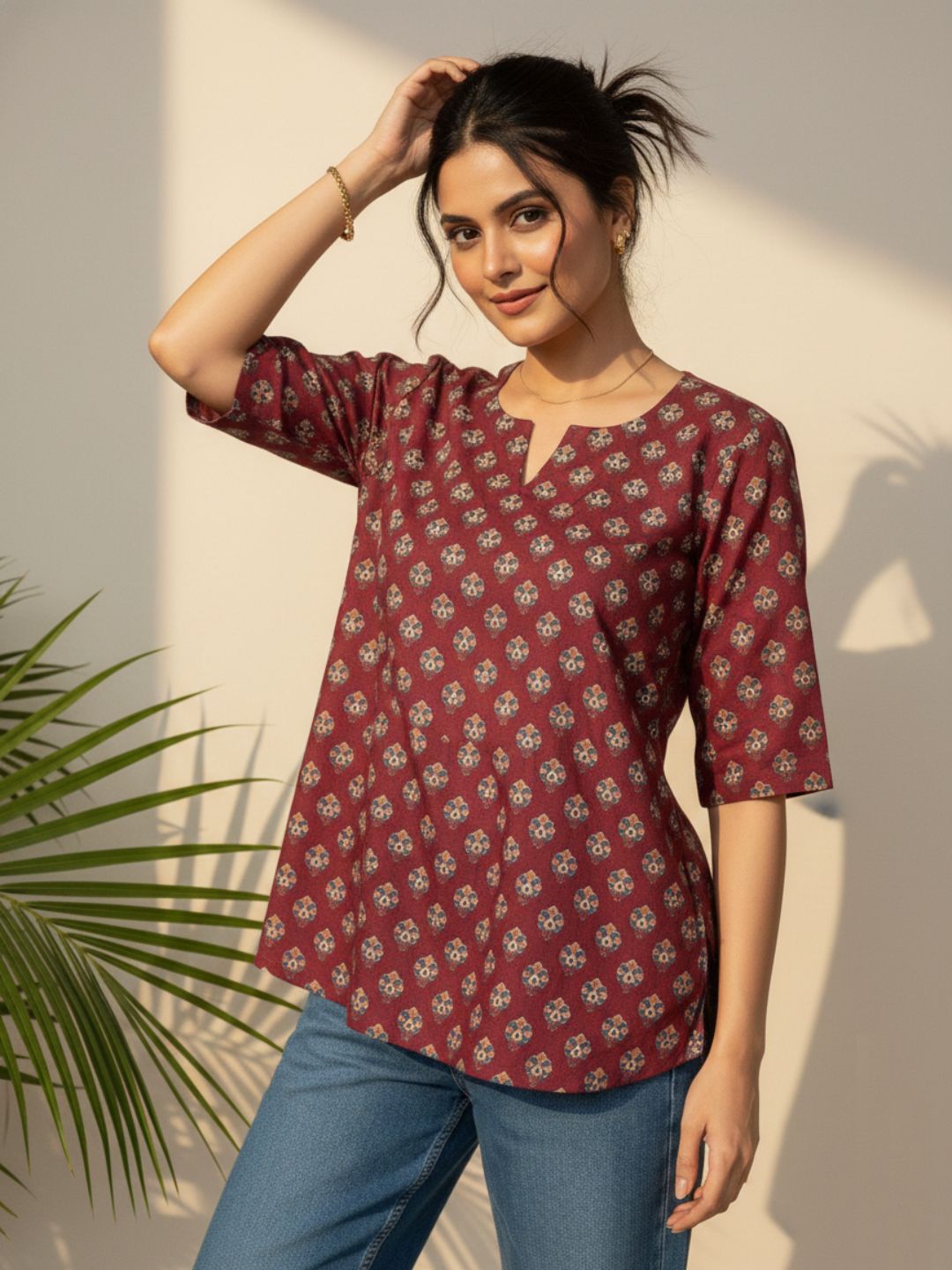 Deep Maroon Ethnic Motif Cambric Cotton Tunic