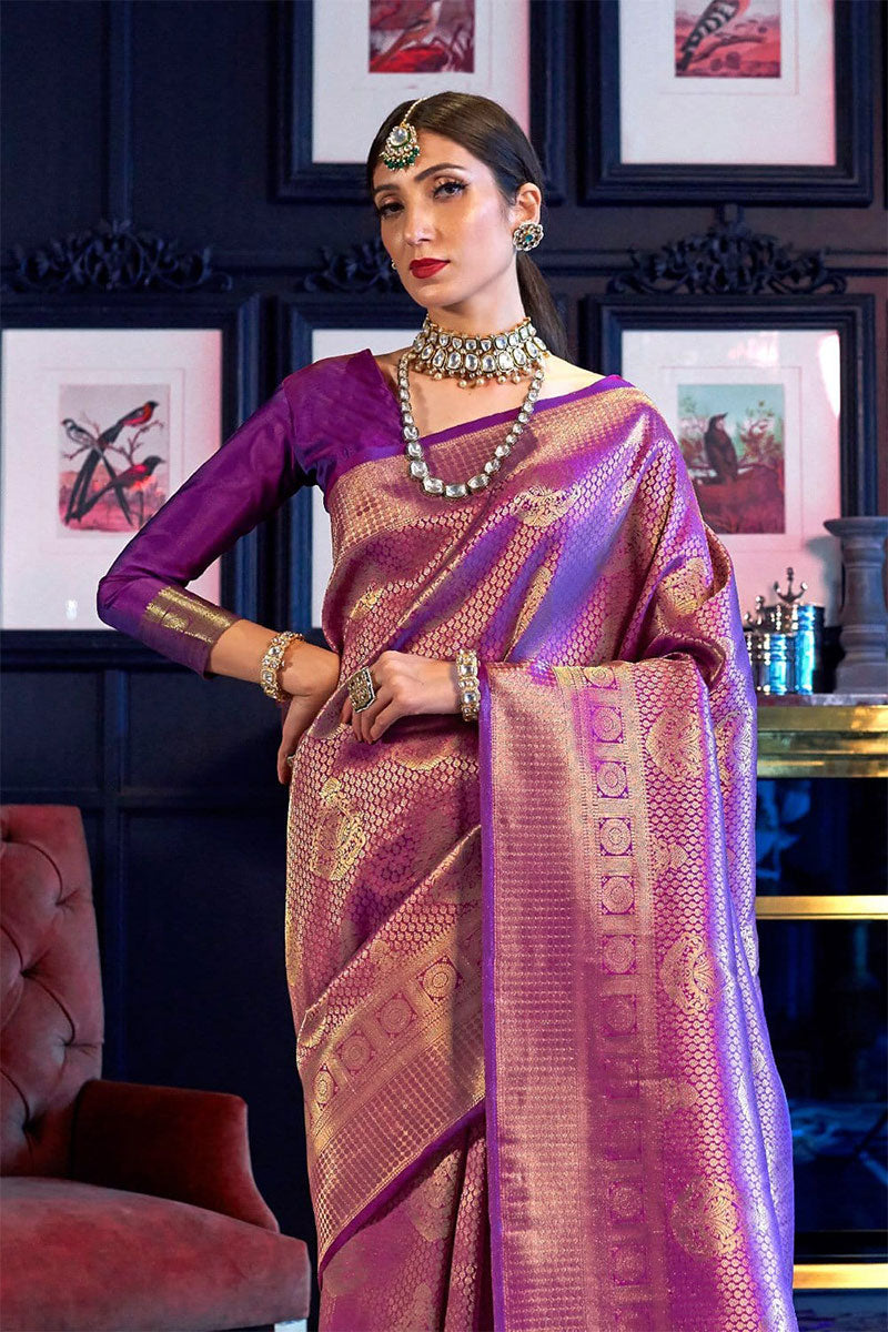 Demesne Purple Kanjivaram Silk Saree With Beautiful Blouse Piece