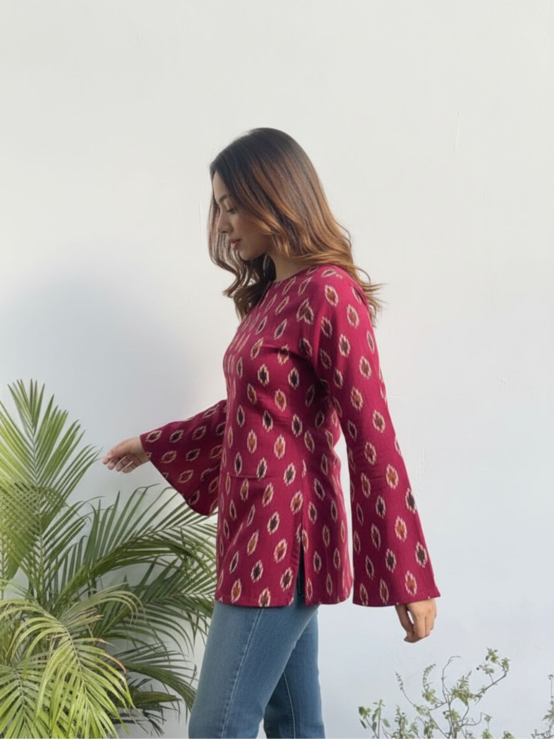 Wine Ikat Tunic with Bell Sleeves & V-Notch Neck (Hip Length, Side Slits)