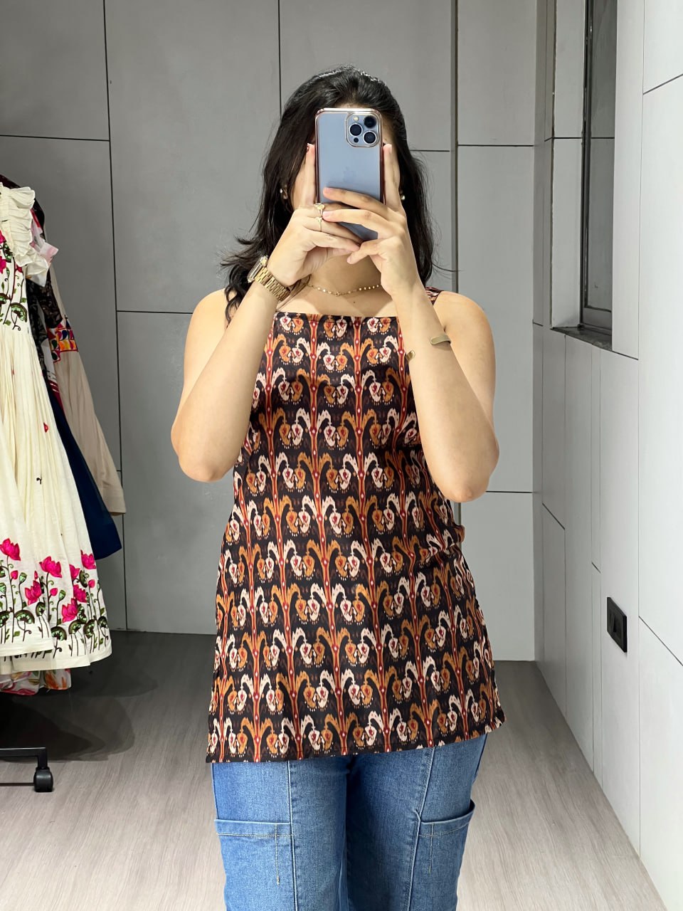 Women’s Ikat Print Sleeveless Cami Top – Brown/Black | Square Neck, Hip Length