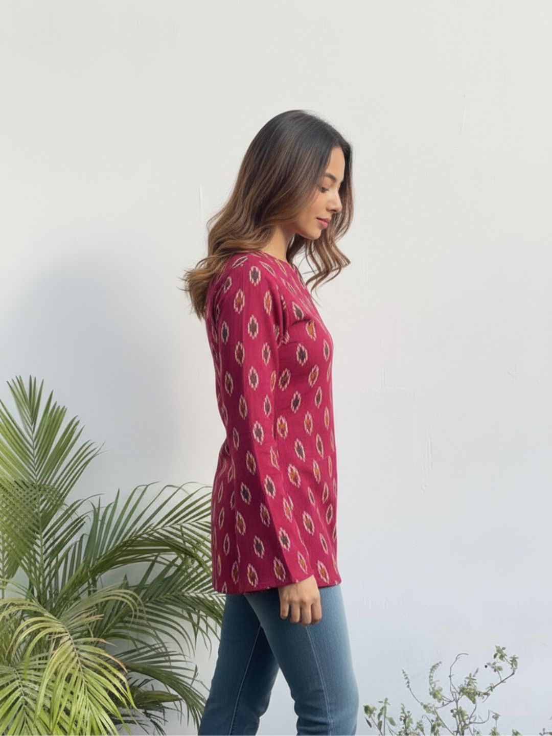 Wine Ikat Tunic with Bell Sleeves & V-Notch Neck (Hip Length, Side Slits)