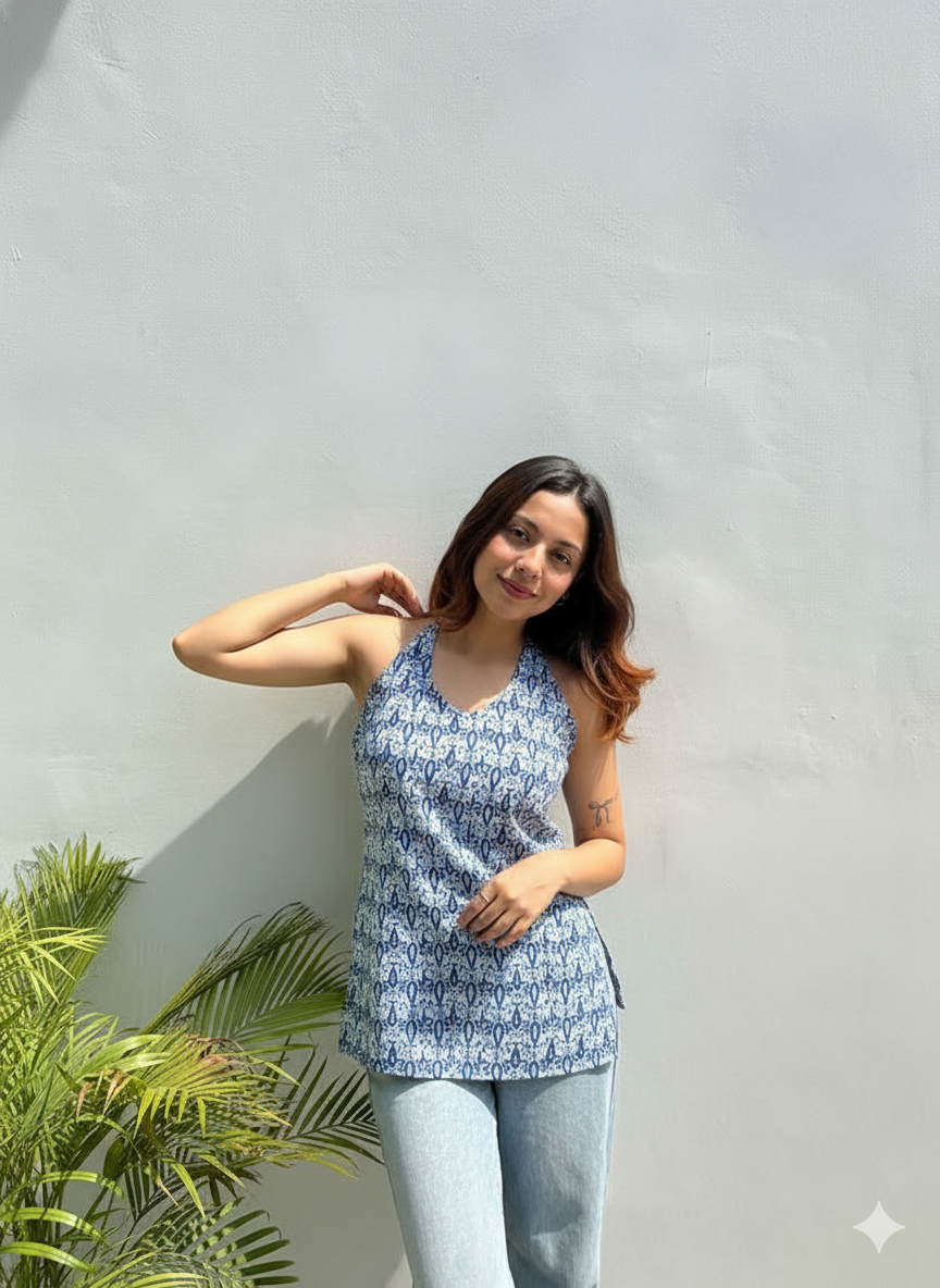 Indigo Printed Halter Neck Sleeveless Tunic Top