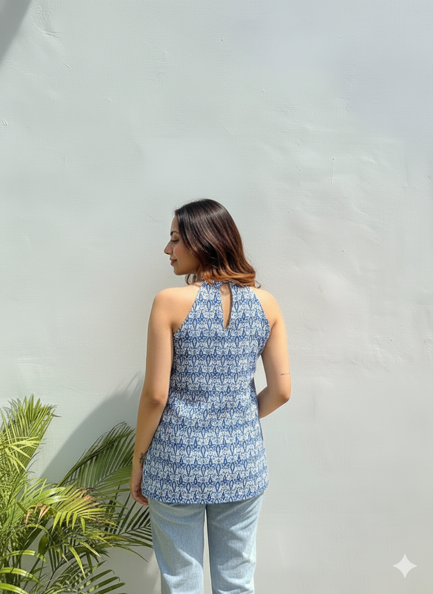 Indigo Printed Halter Neck Sleeveless Tunic Top