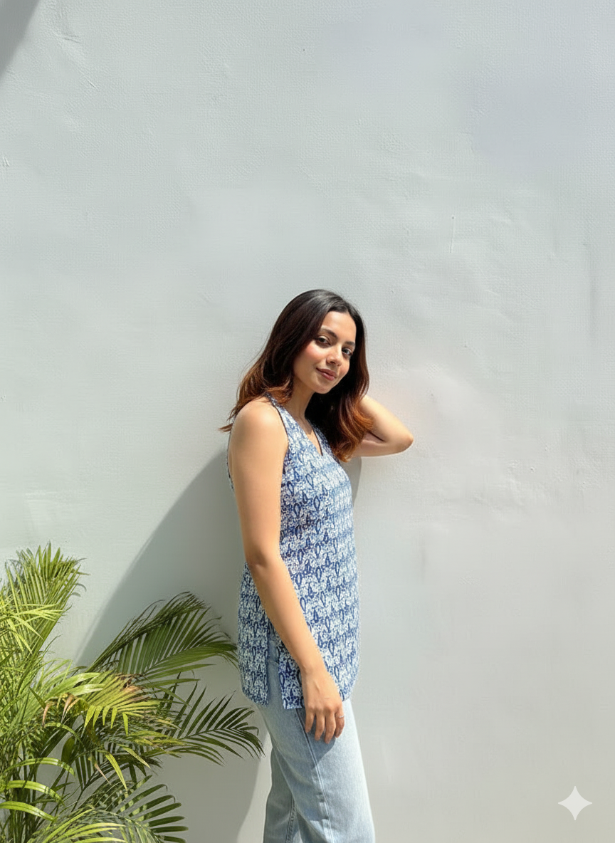 Indigo Printed Halter Neck Sleeveless Tunic Top