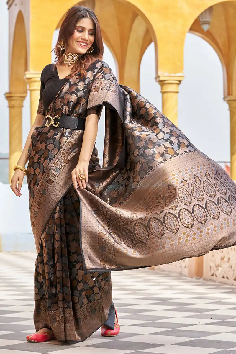 Woman wearing a brown saree with a black blouse in an outdoor setting with arches.