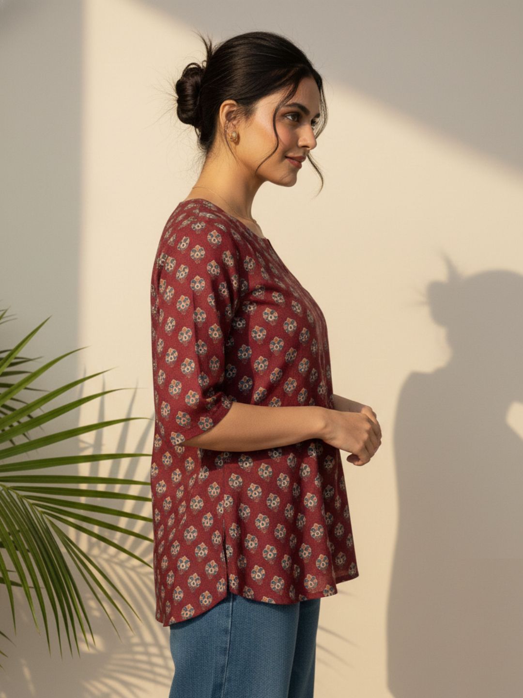 Deep Maroon Ethnic Motif Cambric Cotton Kurtis