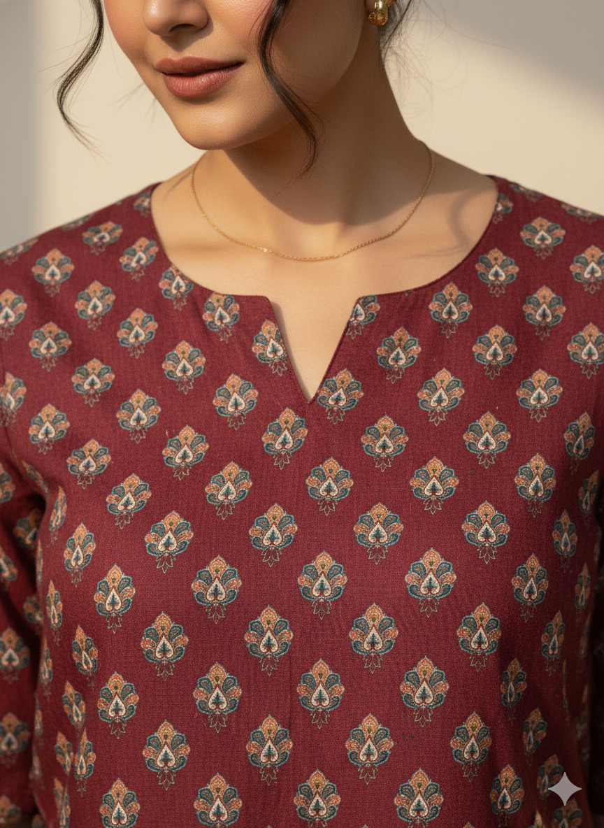 Deep Maroon Ethnic Motif Cambric Cotton Kurtis