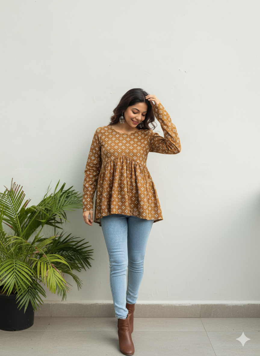 Cotton Printed Peplum Tunic | Round Neck, Long Sleeves, Hip Length