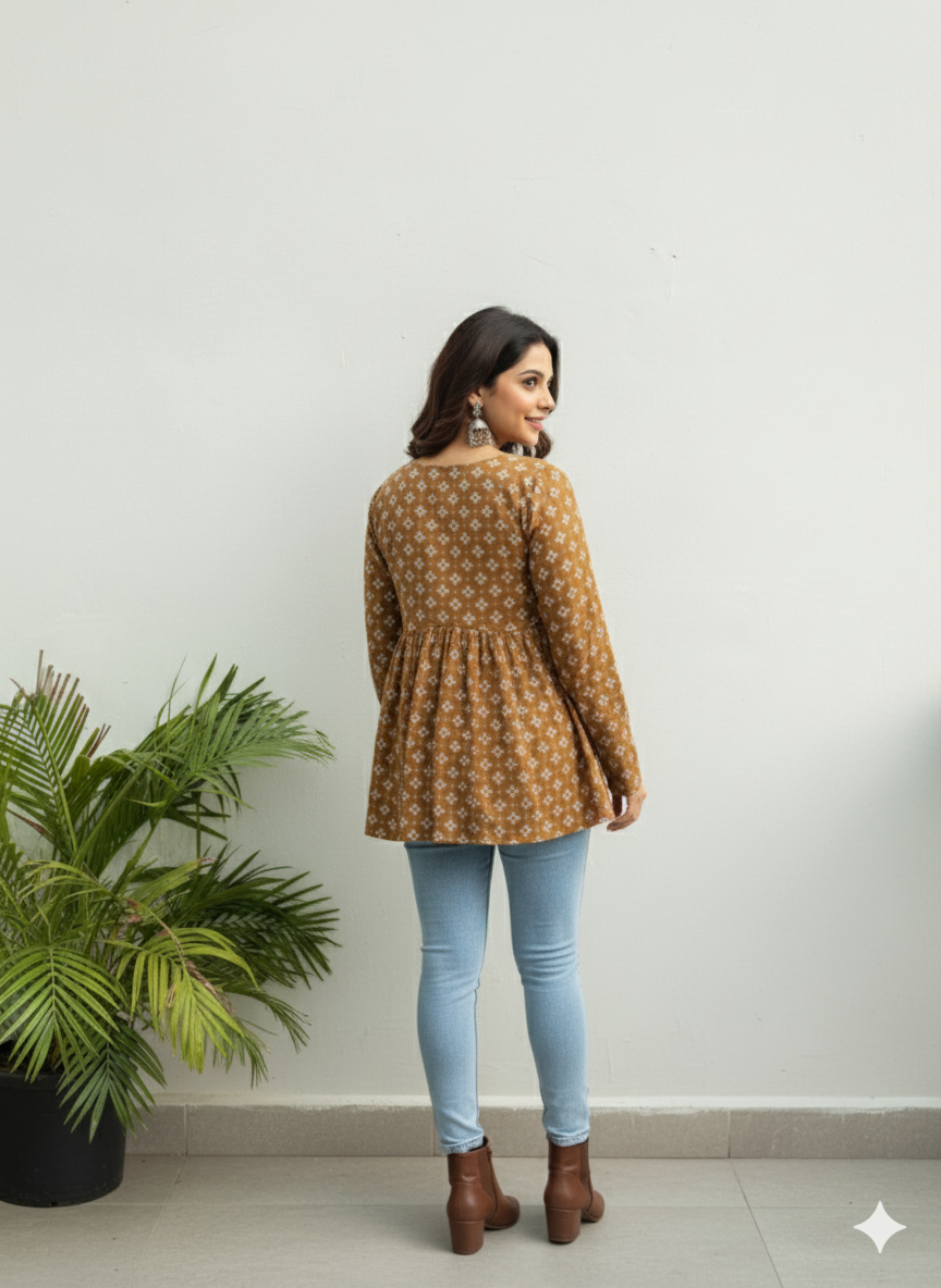 Cotton Printed Peplum Tunic | Round Neck, Long Sleeves, Hip Length